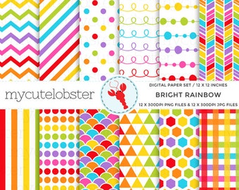 Bright Rainbow Digital Paper Set - rainbow patterned paper, polka, stripe, honeycomb - Instant Download, Personal Use, Commercial Use, PNG