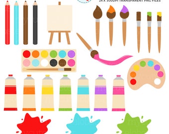 Painting Clipart Set - clip art set of paints, art set, easel, brushes - Instant Download, Personal Use, Commercial Use, PNG