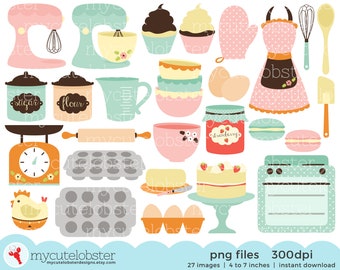 Retro Baking Clipart Set - clip art set of baking, cakes, mixers, oven, apron, scales - Instant Download, Personal Use, Commercial Use, PNG