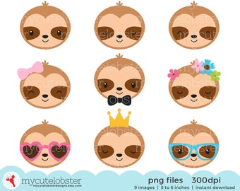 Sloth Faces Clipart - set of cute sloths, sleepy sloths, happy sloths - Instant Download, Personal Use, Commercial Use, PNG