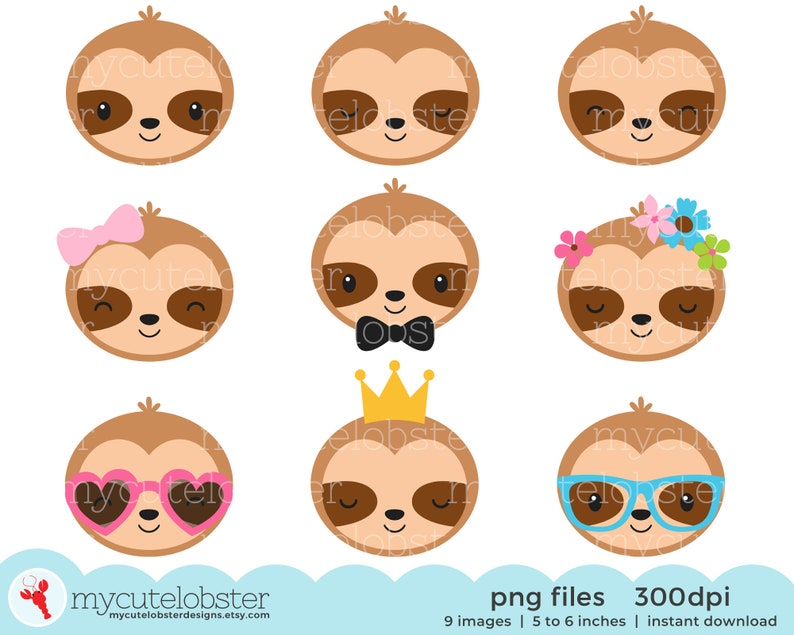 happy sloths set of cute sloths sleepy sloths Small Commercial Use Personal Use Sloth Faces Clipart Instant Download