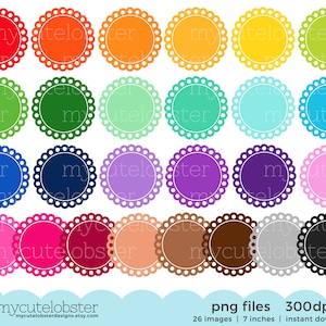 Rainbow Scalloped Circle Frames Clipart Set - clip art set, labels, tags, frames - Instant Download, Personal Use, Commercial Use, PNG