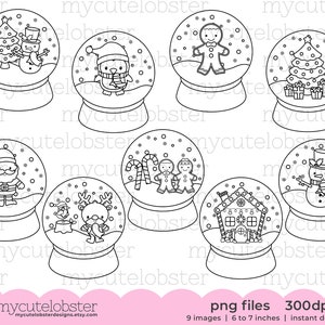 Christmas Snow Globes Digital Stamps - Christmas line art, Christmas digi stamp set - Instant Download, Personal Use, Commercial Use, PNG