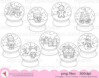 Christmas Snow Globes Digital Stamps - Christmas line art, Christmas digi stamp set - Instant Download, Personal Use, Commercial Use, PNG