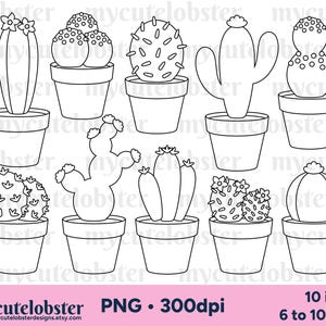 Sellos digitales de cactus: arte lineal de cactus, contornos, juego de sellos digitales, cactus, plantas - Descarga instantánea, uso personal, uso comercial, PNG