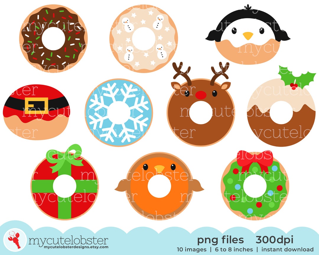 Christmas Donuts Clipart Set of Cute Donuts, Festive Donuts Clip Art, Robin, Santa Instant 