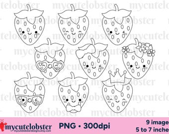Strawberry Digital Stamps - happy strawberries outlines, summer clip art, PNG Digital Download