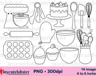 Baking Digital Stamps - cakes outlines, kitchen clipart, PNG Digital Download