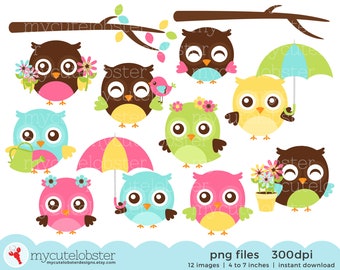 Spring Owls Clipart Set - cute owls, umbrella, flowers, Spring, floral owls, clip art - Instant Download, Personal Use, Commercial Use, PNG