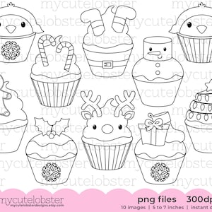 Christmas Cupcakes Digital Stamps - festive cupcake outlines, line art, digi stamp set - Instant Download, Personal Use, Commercial Use, PNG