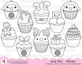 Christmas Cupcakes Digital Stamps - festive cupcake outlines, line art, digi stamp set - Instant Download, Personal Use, Commercial Use, PNG