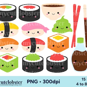 Cute Sushi Clipart - sushi rolls, wasabi, fish, cute sushi, happy sushi clip art set - Instant Download, Personal Use, Commercial Use, PNG