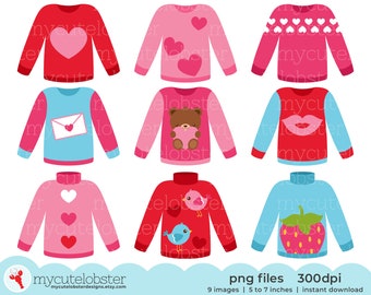 Valentine's Sweaters Clipart - set of fun jumpers, ugly sweaters, sweater clip art set - Instant Download, Personal Use, Commercial Use, PNG