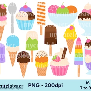 Eis Clipart - Set von Eistüten, Eis am Stiel, Eisbecher, Essen Clip Art Set - Sofortiger Download, Kommerzieller Gebrauch, Persönlicher Gebrauch, PNG