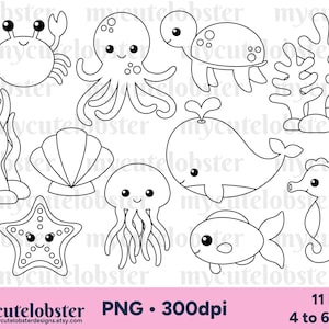 Digitale postzegels zeedieren - contouren, zeer fijne tekeningen, schattige zeedieren digi stamps, oceaan - Instant Download, Persoonlijk gebruik, Commercieel gebruik, PNG