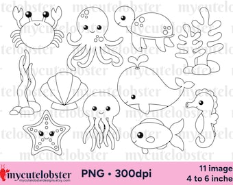 Sea Creatures Digital Stamps - outlines, line art, cute sea animals digi stamps, ocean - Instant Download, Personal Use, Commercial Use, PNG