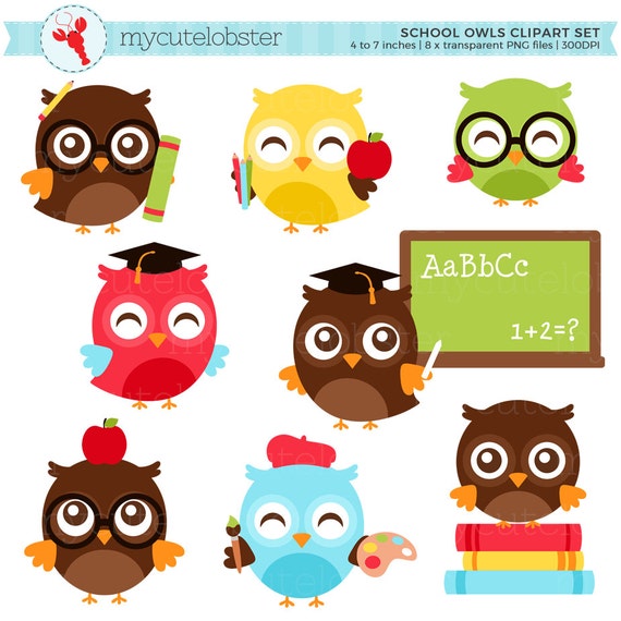 School Owls Clipart Set Clip Art Set Of Owls School Books Etsy