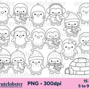 Timbri digitali di pinguini carini - sagome di pinguini, disegni al tratto, igloo, set di timbri digitali - Download immediato, uso personale, uso commerciale, PNG