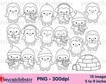 Cute Penguins Digital Stamps - penguin outlines, line art, igloo, digi stamp set - Instant Download, Personal Use, Commercial Use, PNG