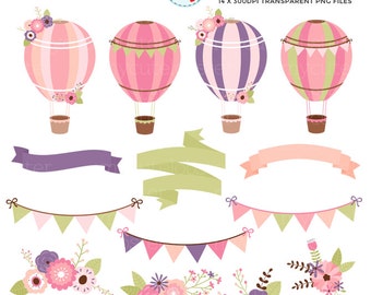 Floral Hot Air Balloons Clipart Set - banners, bunting, flowers, hot air balloon - Instant Download, Personal Use, Commercial Use, PNG