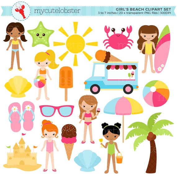 Girls Beach Clipart Set Sandcastle Summer Ice Cream Girls Beach Clipart Set Sandcastle Summer Ice Cream
