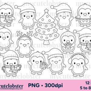 Timbri digitali dei pinguini di Natale - disegni al tratto di pinguini, contorni, francobolli di pinguini carini - Download istantaneo, Uso personale, Uso commerciale, PNG