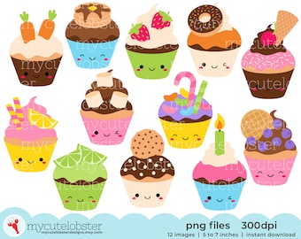 Cute Fun Cupcakes Clipart - set of happy cupcakes, dessert, party, cake clip art - Instant Download, Personal Use, Commercial Use, PNG