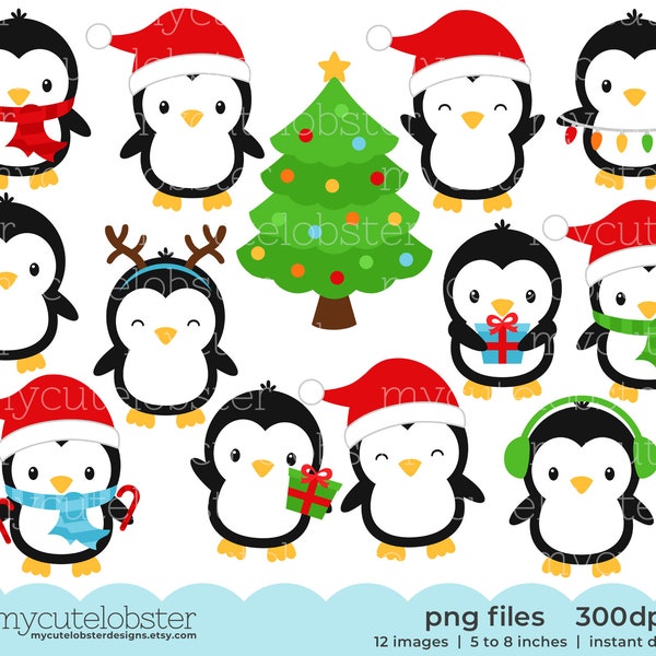Christmas Penguins Clipart - clip art set of penguins, holiday penguins, cute penguin - Instant Download, Personal Use, Commercial Use, PNG