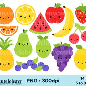 Clipart de frutas fofas - conjunto de clipart de laranja, maçã, banana, fruta, clipart de comida feliz - Download instantâneo, uso pessoal, uso comercial, PNG