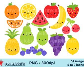 Fruit Clipart - set of happy fruit graphics, food clip art, PNG Digital Download