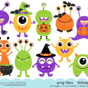 Halloween Monsters Clipart - cute monsters clip art, halloween clipart set, monster - Instant Download, Personal Use, Commercial Use, PNG