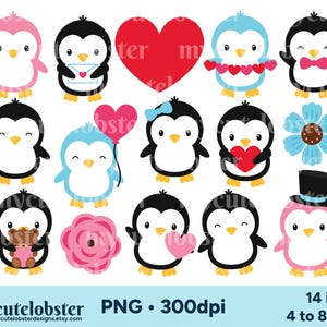 Imágenes prediseñadas de pingüinos de San Valentín: conjunto de lindos pingüinos, corazones, conjunto de imágenes prediseñadas de San Valentín: descarga instantánea, uso personal, uso comercial, PNG