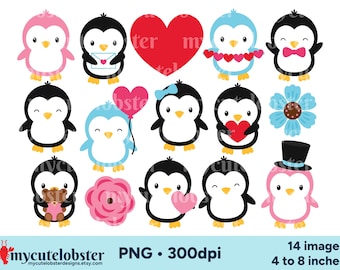 Valentine Penguins Clipart - penguin clip art, romance graphics, PNG Digital Download