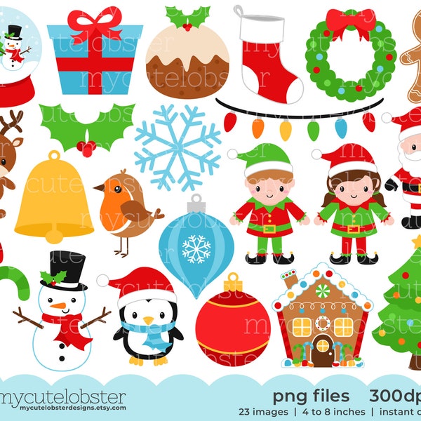 Christmas Clipart - clip art set of santa, wreath, holly, presents, Christmas, elf - Instant Download, Personal Use, Commercial Use, PNG