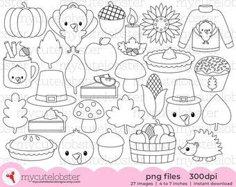 Thanksgiving Digital Stamps - cute Thanksgiving outlines, turkey, fall, digi stamp set - Instant Download, Personal Use, Commercial Use, PNG