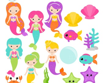 Colorful Mermaids Clipart Set - clip art set of mermaids, sea creatures, cute mermaid - Instant Download, Personal Use, Commercial Use, PNG