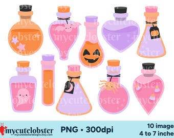 Halloween Potions Clipart, Fun Pastel Halloween Bottles PNG for Personal and Commercial Use