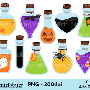 Halloween Potions Clipart - set of potion bottles, Halloween clip art, potions clipart - Instant Download, Personal Use, Commercial Use, PNG