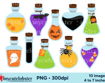 Halloween Potions Clipart - set of potion bottles, Halloween clip art, potions clipart - Instant Download, Personal Use, Commercial Use, PNG