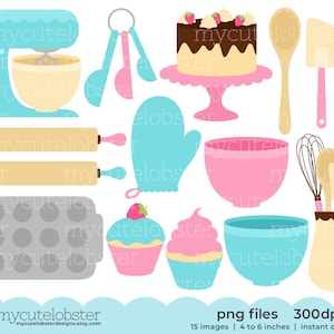 Baking Clipart set of baking items, cake, whisk, spoon, cupcakes, baking clip art Instant Download, Personal Use, Commercial Use, PNG image 1