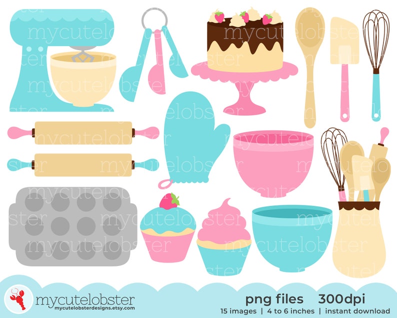 Baking Clipart set of baking items, cake, whisk, spoon, cupcakes, baking clip art Instant Download, Personal Use, Commercial Use, PNG image 1