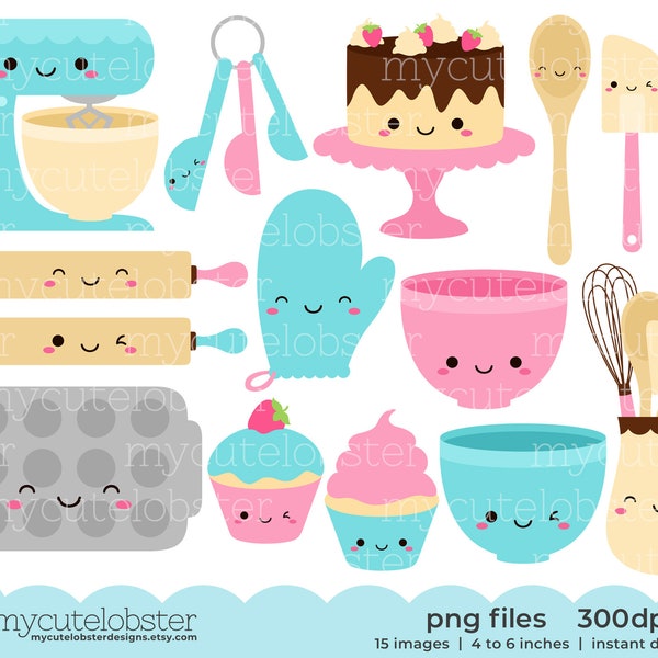 Cute Baking Clipart - baking clip art set, cake, whisk, spoon, cupcakes, kitchen, food - Instant Download, Personal Use, Commercial Use, PNG