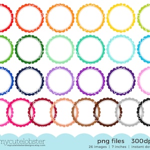 Rainbow Circle Frames Clipart Set - scalloped circles, labels, tags, clip art set - Instant Download, Personal Use, Commercial Use, PNG