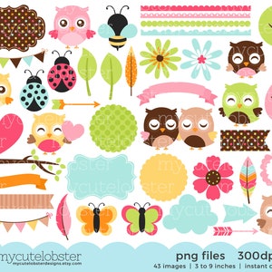 Cute Little Owls Clipart Set digital elements owls, borders, flowers, frames, bee Instant Download, Personal Use, Commercial Use, PNG 画像 1