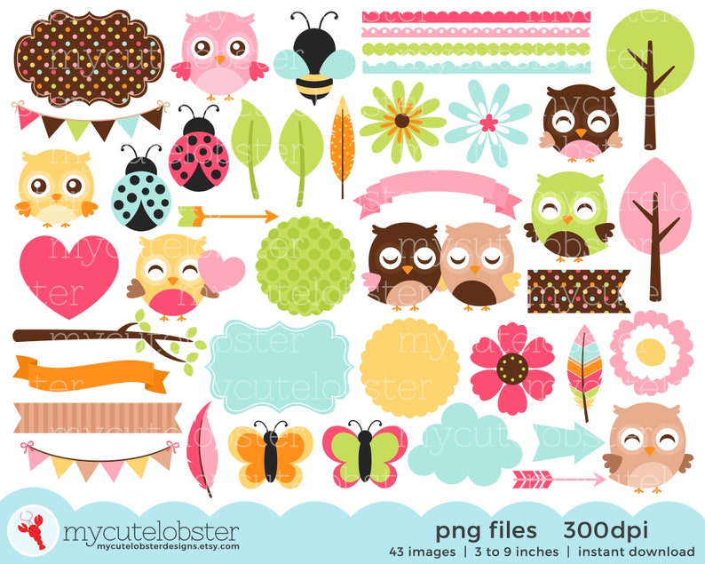 Cute Little Owls Clipart Set digital elements owls, borders, flowers, frames, bee Instant Download, Personal Use, Commercial Use, PNG 画像 1