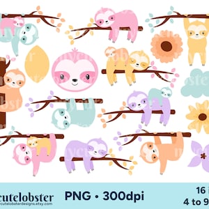 Faultier Clipart, Set aus Pastell Faultieren PNG Clipart für den persönlichen und kommerziellen Gebrauch