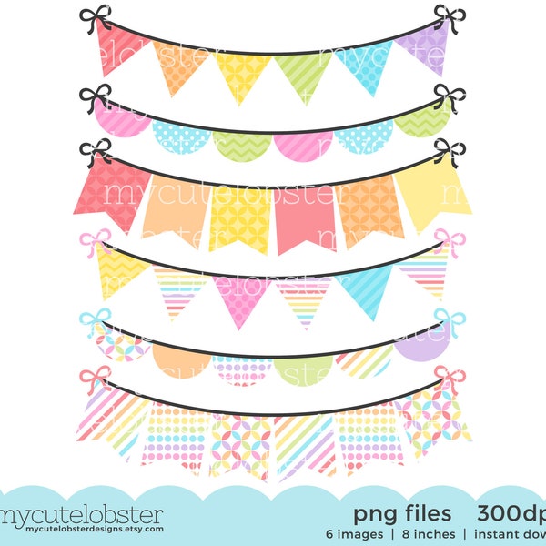 Pastel Rainbow Bunting Clipart Set - digital bunting, clip art set, patterned bunting - Instant Download, Personal Use, Commercial Use, PNG