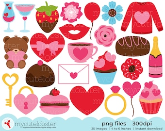 Valentine's Day Clipart - Valentine's clip art set, love hearts, romance, ring, bear - Instant Download, Personal Use, Commercial Use, PNG