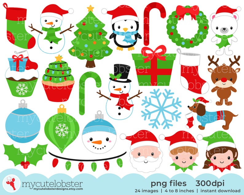 Happy Christmas Clipart Christmas clip art set, holidays, elf, tree, stocking Instant Download, Personal Use, Commercial Use, PNG image 1