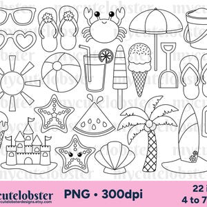 Sellos digitales de playa: contornos, arte lineal, cangrejo, helado, juego de sellos digitales de playa - Descarga instantánea, uso personal, uso comercial, PNG